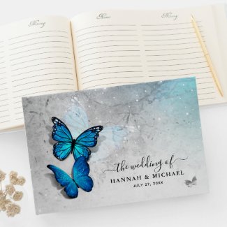 Elegant Watercolor Silver and Blue Butterfly Guest Book