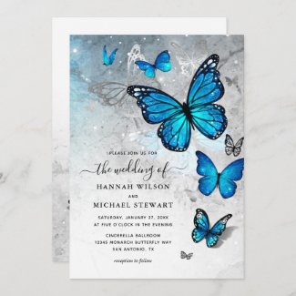 Elegant Watercolor Silver Blue Butterfly Wedding Invitation