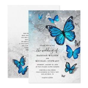 Elegant Watercolor Silver Blue Butterfly Wedding Invitation