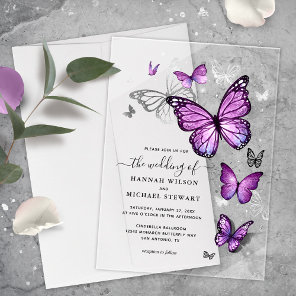 Elegant Watercolor Silver Purple Butterfly Wedding Acrylic Invitations