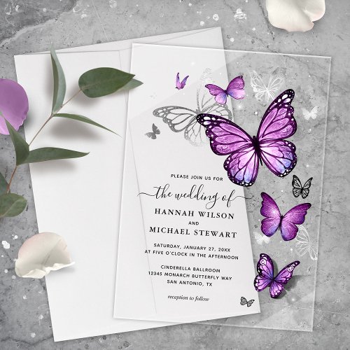 Elegant Watercolor Silver Purple Butterfly Wedding Acrylic Invitations