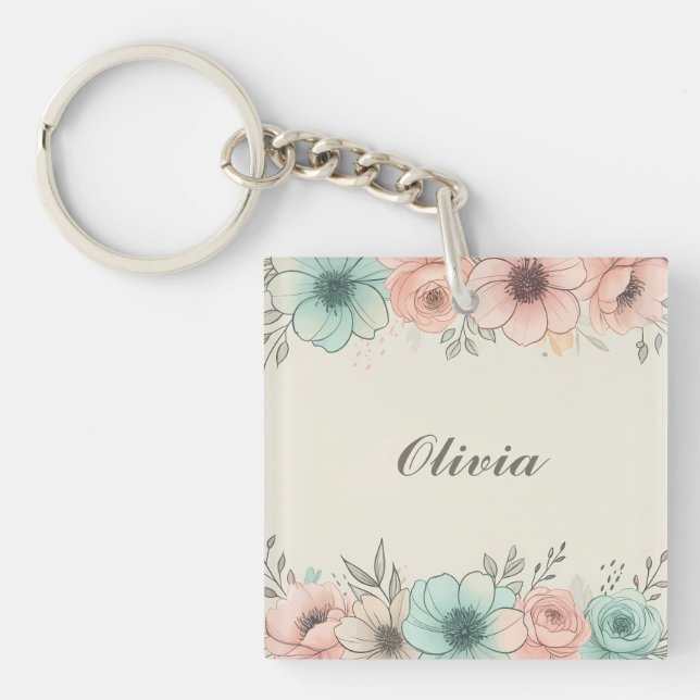 Elegant Watercolor Sketchy Flowers Keychain (Front)