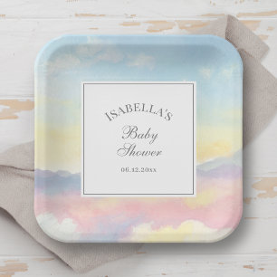 Elegant Watercolor Sky and Clouds Baby Shower Paper Plates