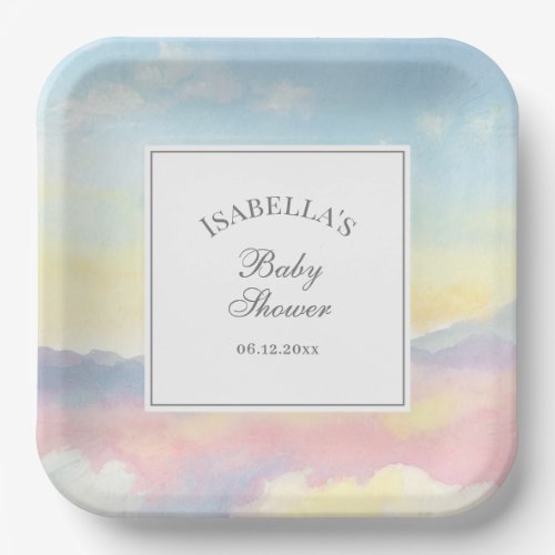 Elegant Watercolor Sky and Clouds Baby Shower Paper Plates