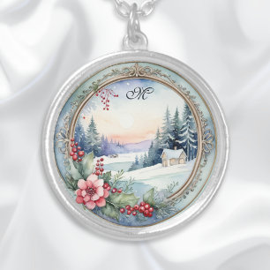 Elegant Watercolor Snow Scene Monogrammed Silver Plated Necklace