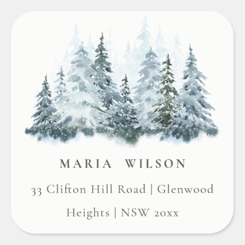 Elegant Watercolor Snow Winter Forest Pine Address Square Sticker