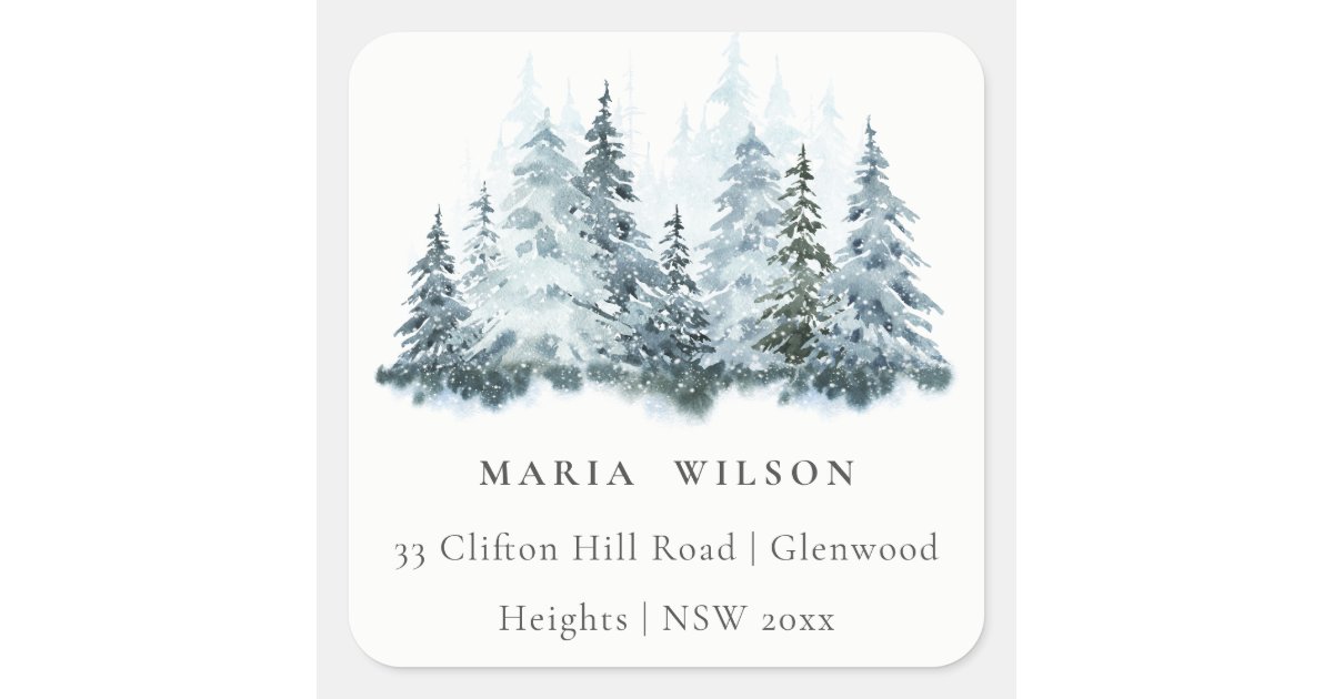 Elegant Watercolor Snow Winter Forest Pine Address Square Sticker | Zazzle