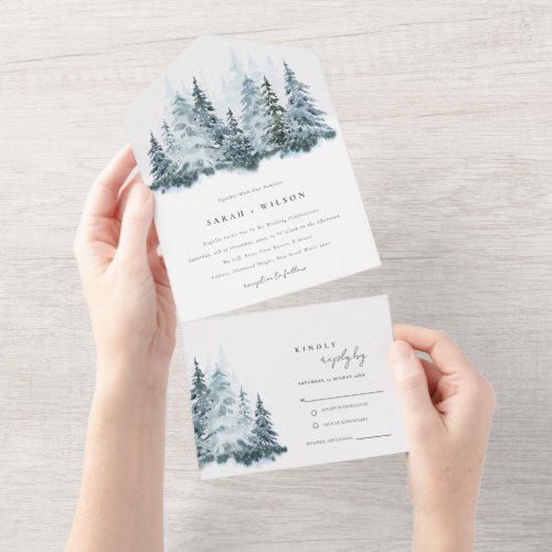 Elegant Watercolor Snow Winter Forest Pine Wedding All In One Invitation