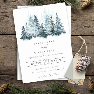 Elegant Watercolor Snow Winter Forest Pine Wedding Invitation