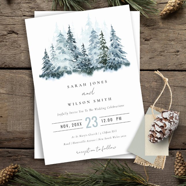 Elegant Watercolor Snow Winter Forest Pine Wedding Invitation (Creator Uploaded)