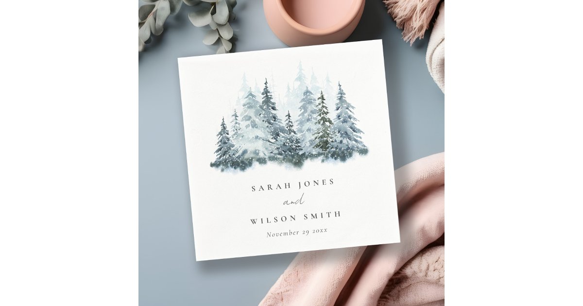 Elegant Watercolor Snow Winter Forest Pine Wedding Napkins | Zazzle