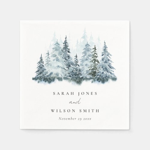 Elegant Watercolor Snow Winter Forest Pine Wedding Napkins