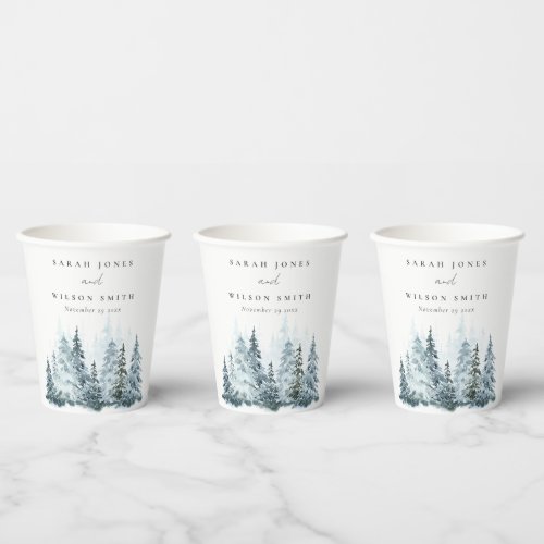 Elegant Watercolor Snow Winter Forest Pine Wedding Paper Cups