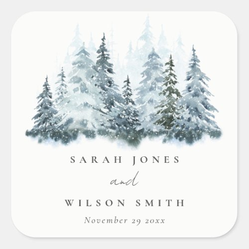 Elegant Watercolor Snow Winter Forest Pine Wedding Square Sticker