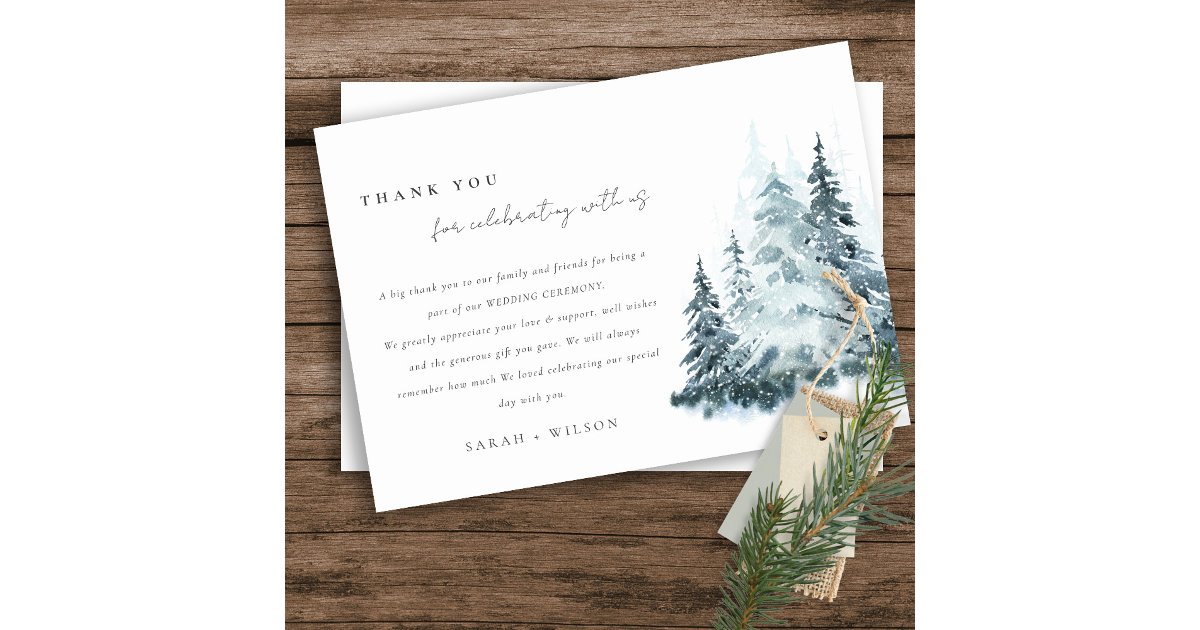 Elegant Watercolor Snow Winter Forest Pine Wedding Thank You Card | Zazzle