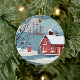 Elegant Watercolor Snowfall Festive Joy Christmas Ceramic Ornament