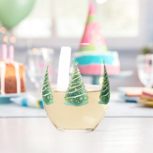 Elegant Watercolor Snowflake Merry Christmas tree Stemless Wine Glass