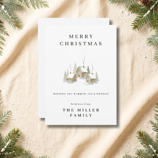 Elegant Watercolor Snowy Cottage Merry Christmas Holiday Card