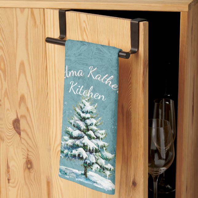 Elegant Watercolor Snowy Spruce Tree Grandma Kitchen Towel (Thirds Fold)