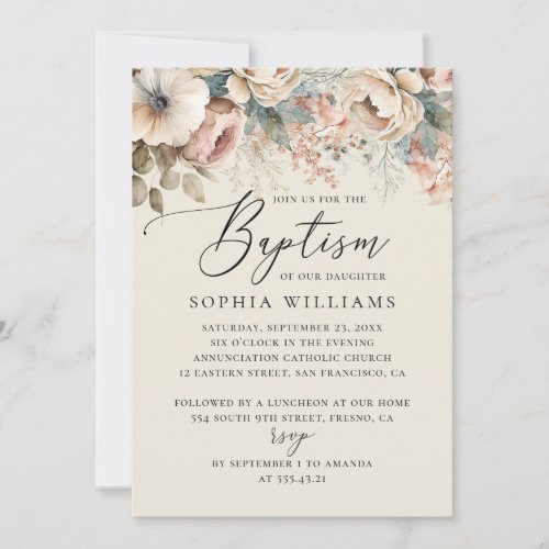 Elegant watercolor soft boho floral script baptism invitation