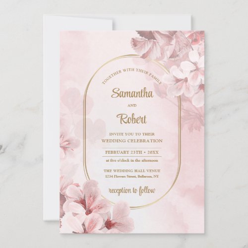 Elegant watercolor soft pink spring flowers gold invitation