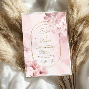 Elegant watercolor soft pink spring flowers gold invitation