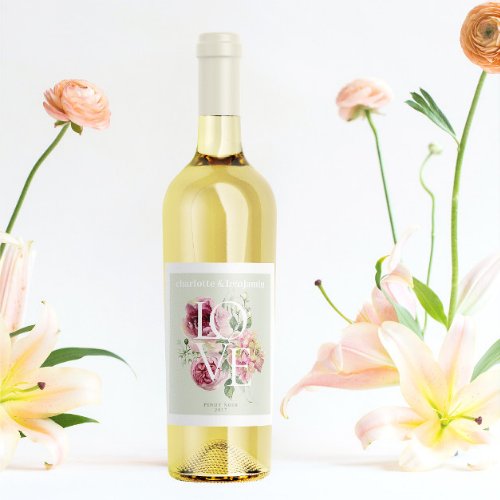 Elegant Watercolor Spring Rose  Peony Wedding Wine Label