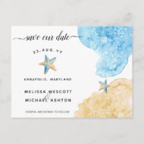 Elegant Watercolor Starfish Coastal Save Our Date Announcement Postcard