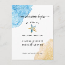 Elegant Watercolor Starfish Coastal Save The Date Announcement Postcard
