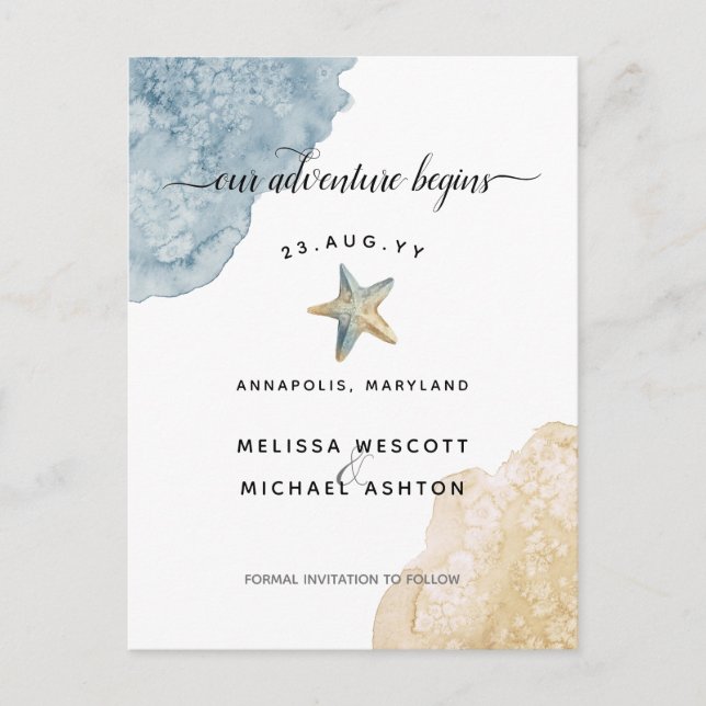 Elegant Watercolor Starfish Coastal Save The Date Announcement Postcard (Front)