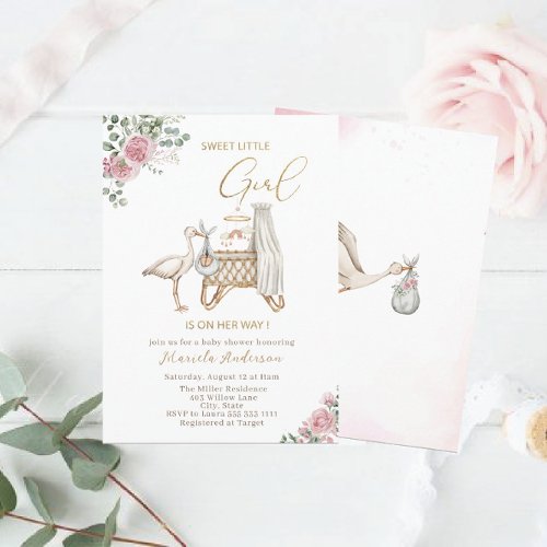 Elegant Watercolor Stork Baby Girl Baby Shower Invitation