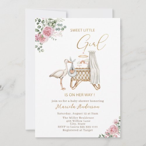 Elegant Watercolor Stork Baby Girl Baby Shower Invitation