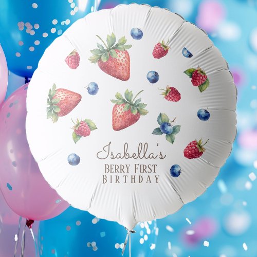 Elegant Watercolor Strawberry Berry First Birthday Balloon