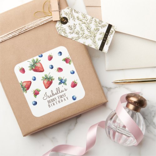 Elegant Watercolor Strawberry Berry First Birthday Square Sticker
