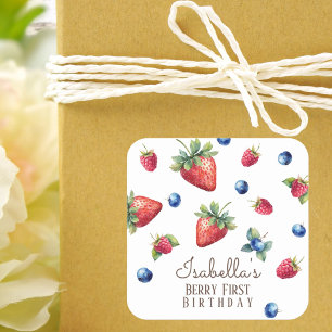 Elegant Watercolor Strawberry Berry First Birthday Square Sticker
