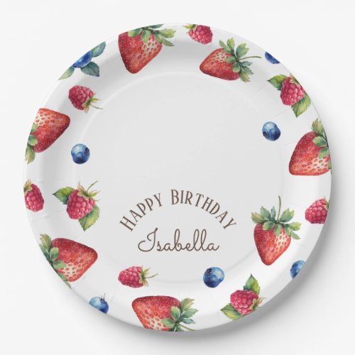Elegant Watercolor Strawberry Berry Happy Birthday Paper Plates