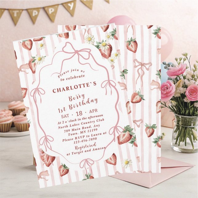 Elegant  Watercolor Strawberry girl 1st birthday Invitation (Creator Uploaded)