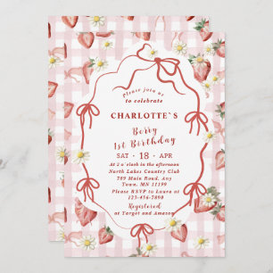Elegant Watercolor Strawberry girl 1st birthday Invitation
