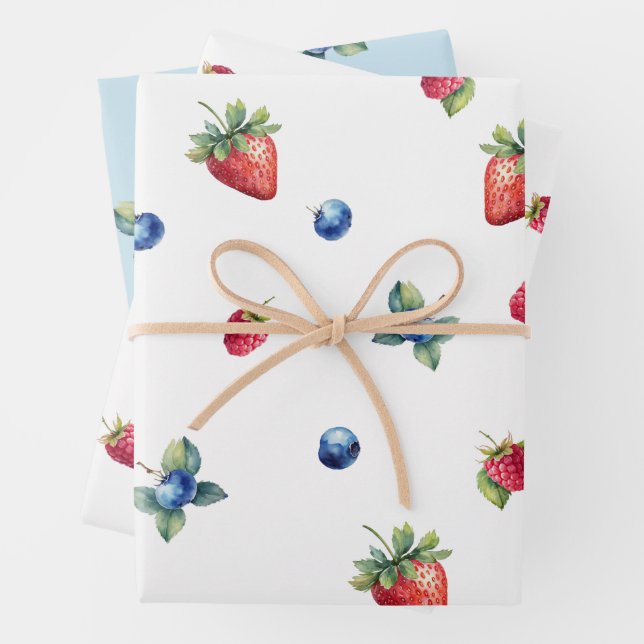 Elegant Watercolor Strawberry Raspberry Blueberry Wrapping Paper Sheets (In situ)