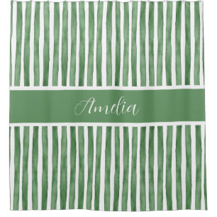 Elegant Watercolor Stripes Sage  Green Custom Name Shower Curtain