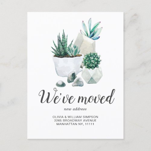 Elegant Watercolor Succulent Moving Announcement Postcard