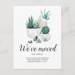 Elegant Watercolor Succulent Moving Announcement Postcard
