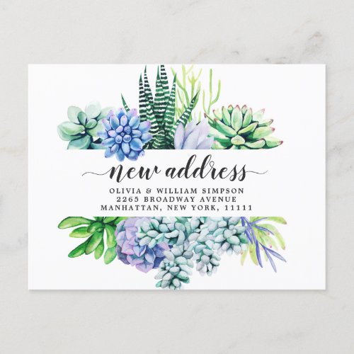 Elegant Watercolor Succulent Moving Announcement Postcard
