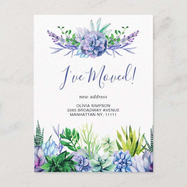 Elegant Watercolor Succulent Moving Announcement Postcard (Front)