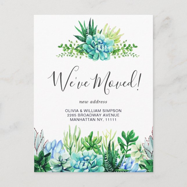 Elegant Watercolor Succulent Moving Announcement Postcard (Front)