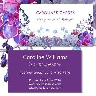 Elegant Watercolor Succulent Plants blue purple Business Card