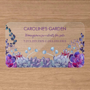 Elegant Watercolor Succulent Plants blue purple Clear Business Cards