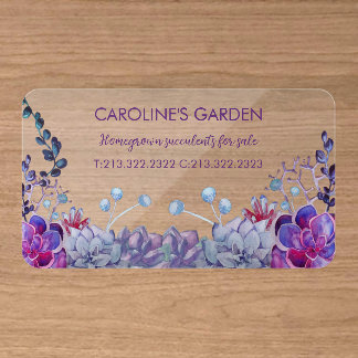 Elegant Watercolor Succulent Plants blue purple Clear Business Cards