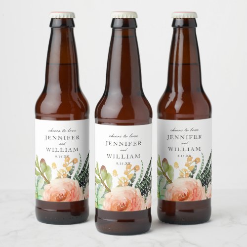 Elegant Watercolor Succulent Rose Wedding Beer Bottle Label