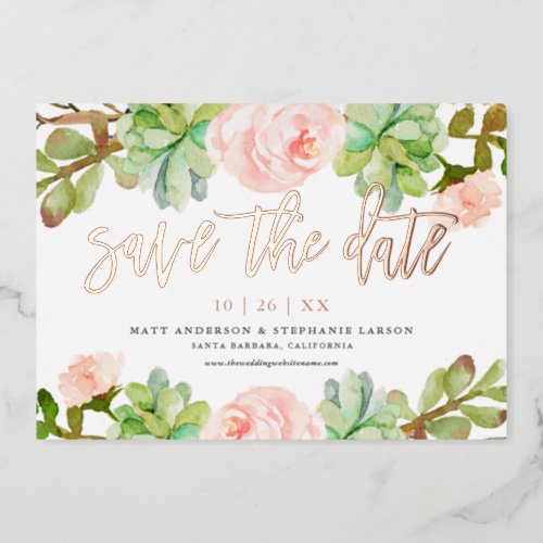 Elegant Watercolor Succulent Save The Date Foil Invitation